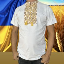 купить 14201-3 # белая мужская футболка-вышиванка (хлопок, 5 ед. размеры норма: S. M. L. XL. 2XL) выдача на следующий день    оптом