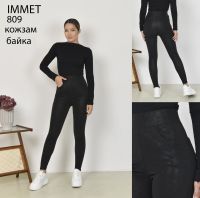 0809 # черные женские лосины кож-зам на байке (Immet, кож-зам, байка, 4 ед, размеры норма: M-2XL) выдача на следующий день фото
