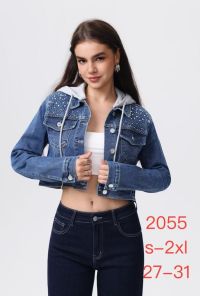 купить 2055# голубая женская джинсовая куртка с камнями (стрейч-коттон, 5 ед, размеры норма: S-2XL) выдача на следующий день оптом