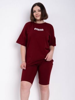 купить оптом джинсы 1411-52 бордовый женский костюм двойка (футболка + велосипедки) (5'TH AVENUE, турецкий хлопок, 3 ед. размеры полубатал: 48. 50.  недорого