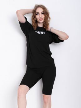купить 1402-1 черный женский костюм двойка (футболка + велосипедки) (5'TH AVENUE, турецкая двунитка, 3 ед. размеры норма: 42. 44. 46) оптом