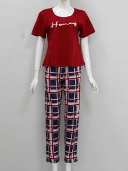 3079-55 красная женская пижама (футболка + штаны) (ткань бамбук, 5 ед. размеры норма: S. S. M. М. XL)  фото