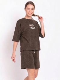 купить 2591-9 коричневый женский костюм двойка (футболка + шорты) (5'TH AVENUE, турецкий хлопок, варенка, 4 ед. размеры норма: 42, 44,  оптом