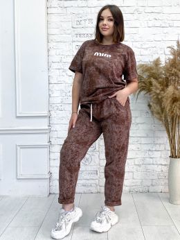 купить 0277-31 коричневый женский костюм двойка (футболка + штаны) (5'TH AVENUE, варка, турецкая двунитка, 3 ед. размеры батал: 54. 56. оптом