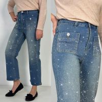 7018  голубые женские  джинсы с камнями (New Jeans, укороченые, стрейчевые, 6 ед, размеры норма: 25. 26. 27. 28. 29. 30 ) фото