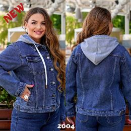 купить 2004 # синяя женская джинсовая куртка с капюшоном (стрейч-коттон, 6 ед. размеры полубатал: L. XL. 2XL. 3XL. 4XL. 5XL) выдача на  оптом