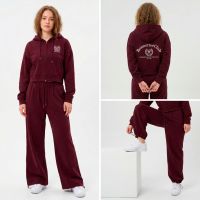 88206-52 бордовый женский спортивный костюм (коттон, с капюшоном, манжет на затяжке, 3 ед. размеры норма: S. M. L) фото