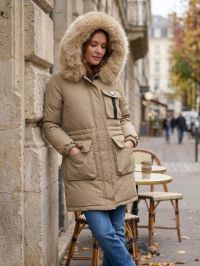 8527-3 бежева жіноча тепла куртка (синтепон,з капюшоном, на затядках, 4 од, розміри норма :M. L. XL. 2XL) фото