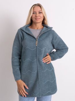 0773-77 бирюзовый женский кардиган (шерсть альпаки, с капюшоном, на змейке, 1 ед. универсальный полубатальный размер: 46-52) фото