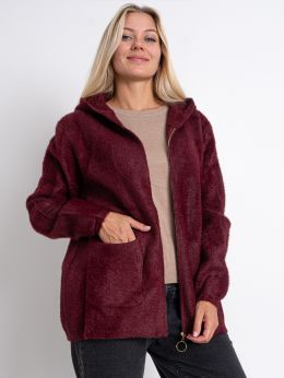 0779-51 бордовый женский кардиган (шерсть альпаки, с капюшоном, на змейке, 1 ед. универсальный полубатальный размер: 46-52) фото