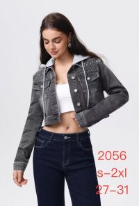 купить 2056# серая женская джинсовая куртка с камнями (стрейч-коттон, 6 ед, размеры норма: S-2XL) выдача на следующий день оптом