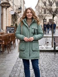 8527-7 темно-бірюзова жіноча тепла куртка (синтепон,з капюшоном, на затядках, 4 од, розміри норма :M. L. XL. 2XL) фото
