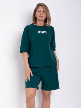 купить 1691-7 темно-зеленый женский костюм двойка (футболка + шорты) (5'TH AVENUE, турецкий хлопок, 3 ед. размеры полубатал: 48. 50. 52 оптом