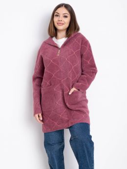 0772-33 розовый женский кардиган (шерсть альпаки, с капюшоном, на змейке, 1 ед. универсальный размер батал: 46-54) фото