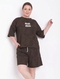 купить 2691-9 коричневый женский костюм двойка (футболка + шорты) (5'TH AVENUE, турецкий хлопок, варенка, 4 ед. размеры батал: 50. 52.  оптом