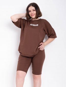 купить оптом джинсы 1411-9 коричневый женский костюм двойка (футболка + велосипедки) (5'TH AVENUE, турецкий хлопок, 3 ед. размеры полубатал: 48. 50. недорого
