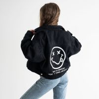 купить 2021-1 * FASHION джинсовая куртка женская черная котоновая ( 4 ед.размеры: M.L) выдача на следующий день оптом