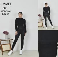 0808 # черные женские лосины кож-зам на байке (Immet, кож-зам, байка, 4 ед, размеры норма: M-2XL) выдача на следующий день фото