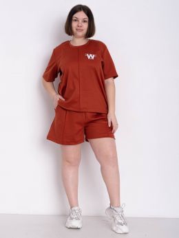 купить 12750-85 кирпичный женский спортивный костюм (футболка + шорты) (SARA, 4 ед. размеры полубатал: 46-48. 46-48. 50-52. 50-52) оптом