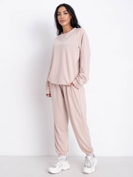 6645-32 бежевый женский спотивный костюм (двунитка, oversize, 2ед, размеры норма: M, L) фото