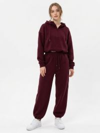 6883-52 бордовый женский спортивный костюм (коттон, с капюшоном, манжет, кофта на затяжке, 3 ед. размеры норма: S. M. L) фото