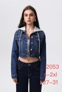 купить 2053# синяя женская джинсовая куртка с камнями (стрейч-коттон, 6 ед, размеры норма: S-2XL) выдача на следующий день оптом