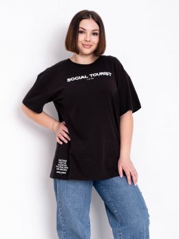 купить оптом джинсы 4975-15 черная женская футболка оверсайз (100% коттон, 5 ед. один универсальный батальный размер, размеры на бирках: M, соответс недорого