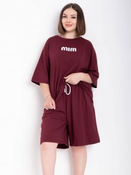 купить 0179-52 бордовый женский костюм двойка (футболка + шорты) (5'TH AVENUE, турецкая двунитка, 3 ед. размеры батал:54, 56, 58) оптом