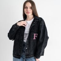 1212 чорна жіноча джинсова куртки (Cotton, з нашивками, розміри норма : M. L) фото