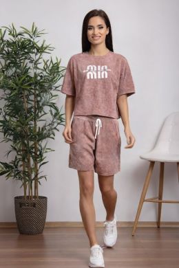 купить 0259-2 бежевый женский спортивный костюм (футболка + шорты) (5'TH AVENUE, варка, 3 ед. размеры норма: 42. 44. 46) оптом