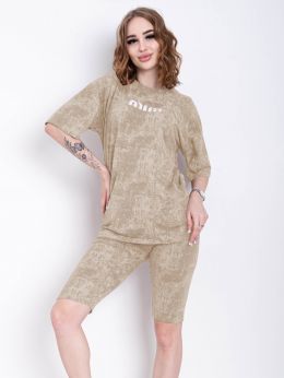 купить 2401-2 бежевый женский костюм двойка (футболка + велосипедки) (5'TH AVENUE, турецкая двунитка, 3 ед. размеры норма: 42. 44. 46) оптом