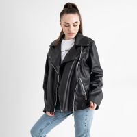 купить 1928-1 ЧЕРНАЯ OVERSIZE косуха женская С СЕРЕБРЯННОЙ ЗМЕЙКОЙ из экокожи (1 ед.размеры: универсал: M-XL) оптом