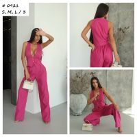 купить 0921 # розовый женский стильный костюм (лён, 3 ед, размеры норма: S. M. L) выдача на следующий день оптом