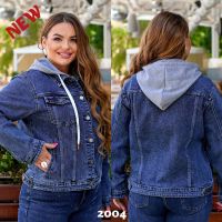 купить 2004 # синяя женская джинсовая куртка с капюшоном (стрейч-коттон, 6 ед. размеры полубатал: L. XL. 2XL. 3XL. 4XL. 5XL) выдача на  оптом